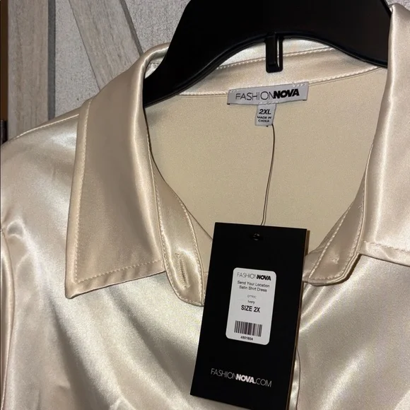 Fashion Nova Ivory Satin Shirt Dress - Picture 2 of 8